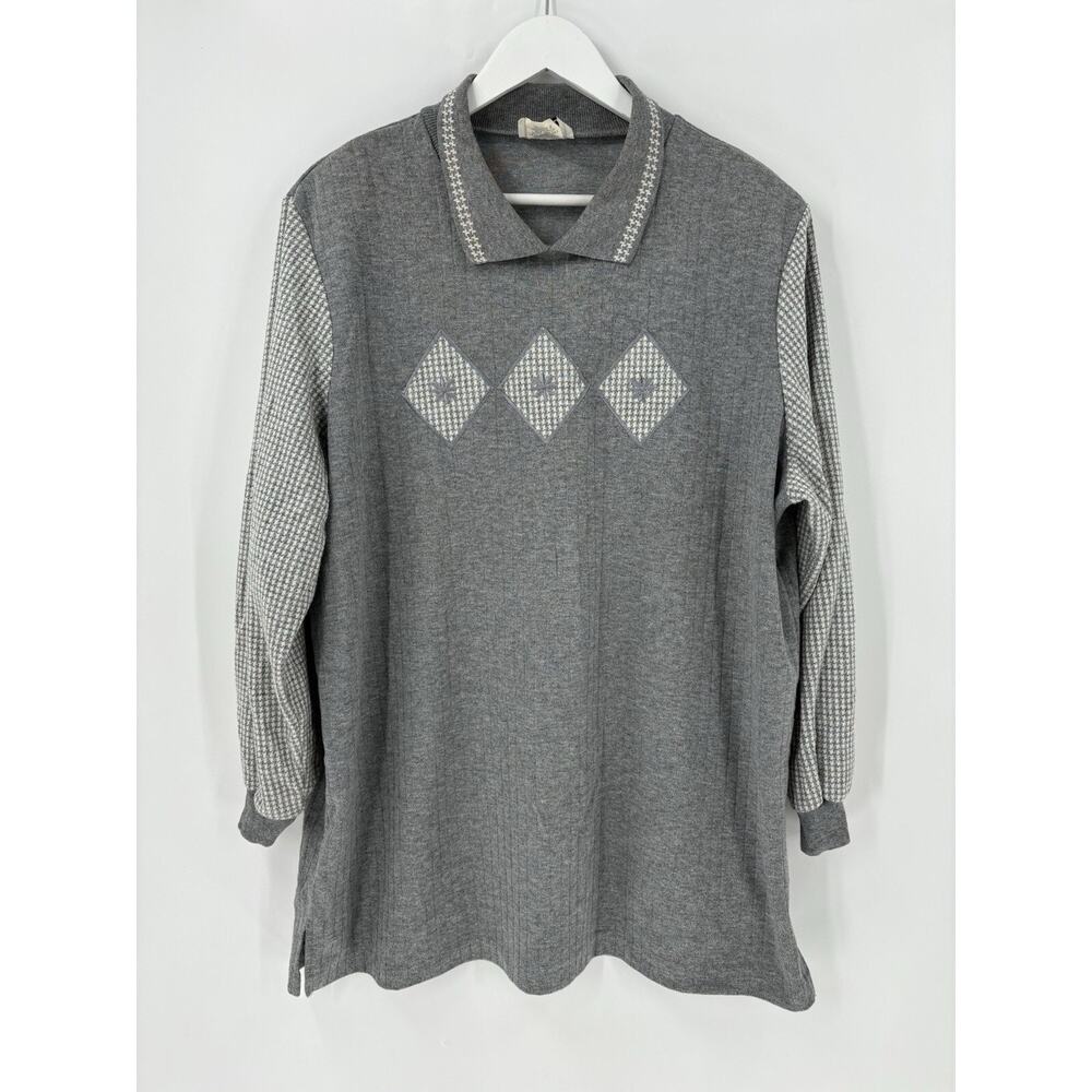 Cricket Lane Vintage Sweater Womens 22W Gray Collared Pullover Knit Embroidered